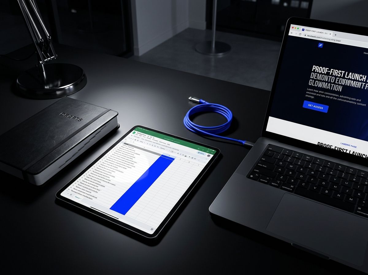 A folder of drafts, a shared spreadsheet of results, and a landing page tab open, showing how pre-sales proof is built from process and outcomes