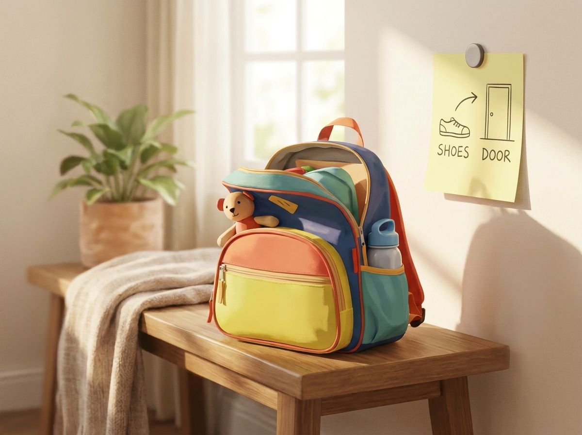 A sticky-note "next step" plan beside a backpack