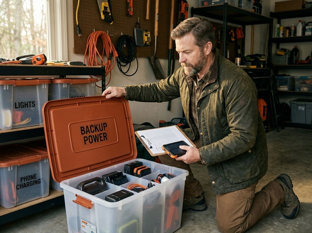 Sam Wills checks labeled backup power bins for lights and phone charging during a power outage, turning panic into a clear next step