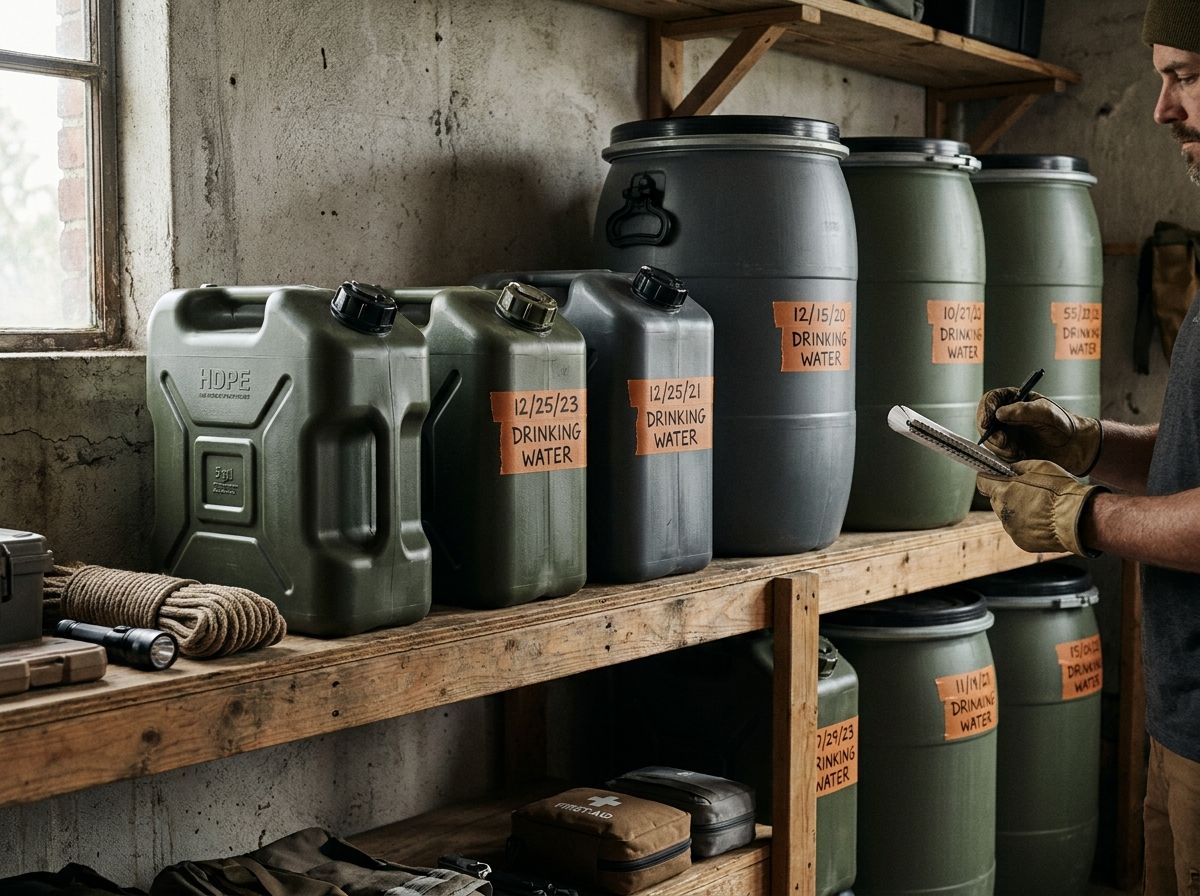 Water containers lined up with labels, ready for a rotation schedule
