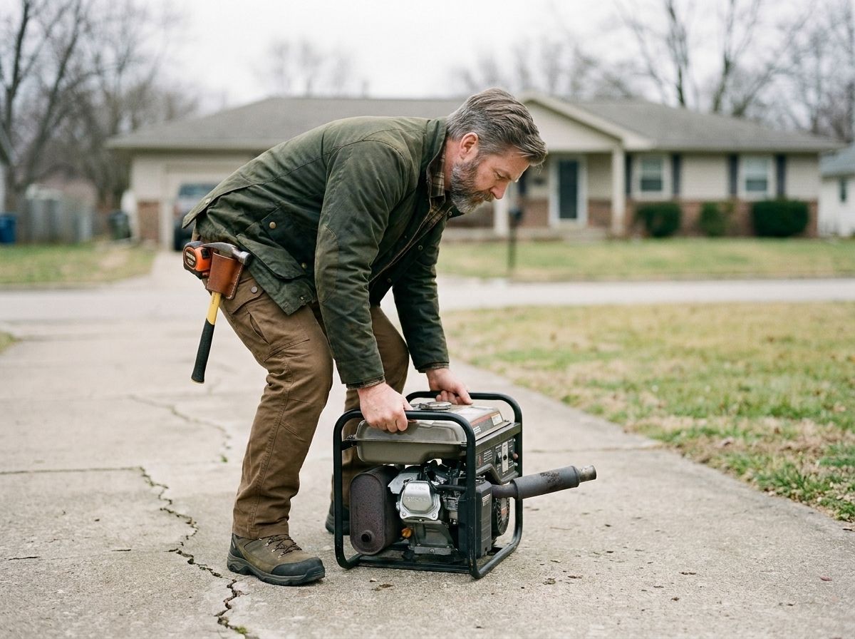 A portable generator running outdoors on a driveway, well clear of the house